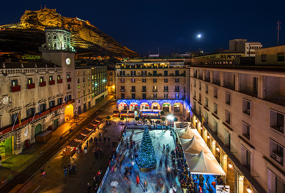 Alicante - View of Castillo Santa Barbara and Ayuntamiento