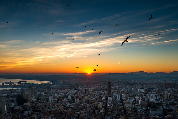 Alicante - View of City and Harbour at Sunset