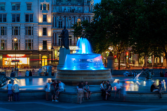 London - Trafalgar Square Fountains turn Blue for the Royal Baby Boy