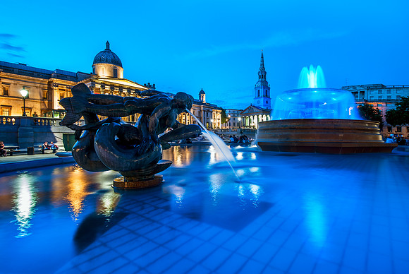 London - Trafalgar Square Fountains turn Blue for the Royal Baby Boy