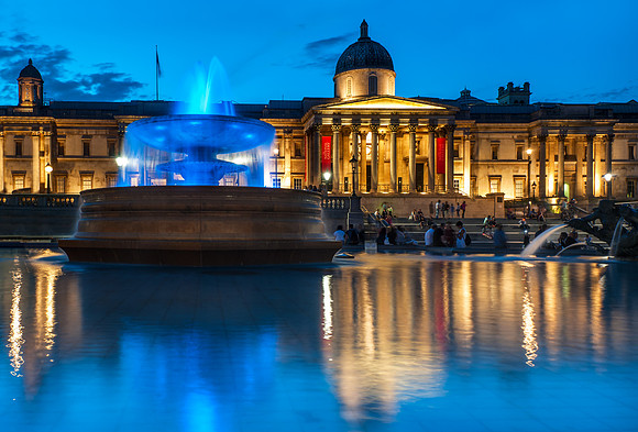 London - Trafalgar Square Fountains turn Blue for the Royal Baby Boy