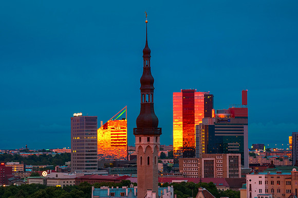 Tallinn - Old Town Hall and Modern Buildings at Twilight