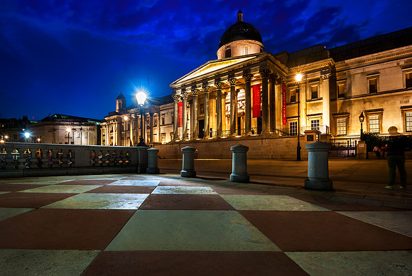 London - Trafalgar Square Fountains turn Blue for the Royal Baby Boy