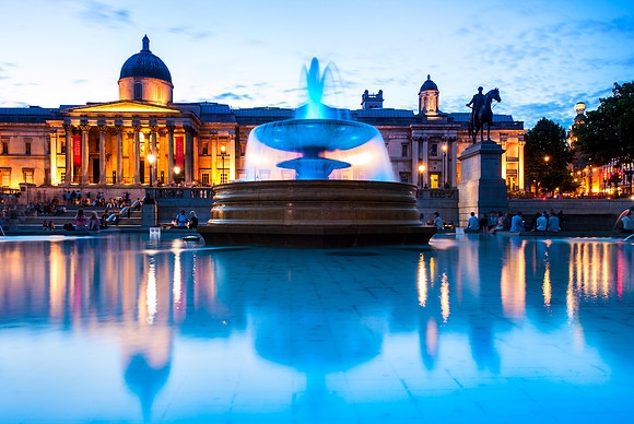 London - Trafalgar Square Fountains turn Blue for the Royal Baby Boy