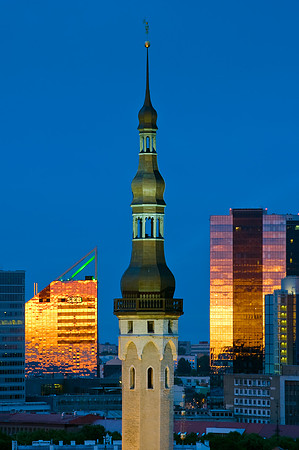 Tallinn - Old Town Hall and Modern Buildings at Twilight