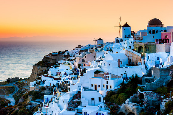 Santorini - Sunset over Traditional Windmills in Oia